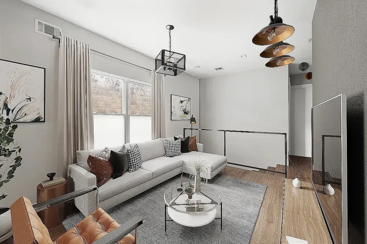 a living room with furniture a window and a chandelier