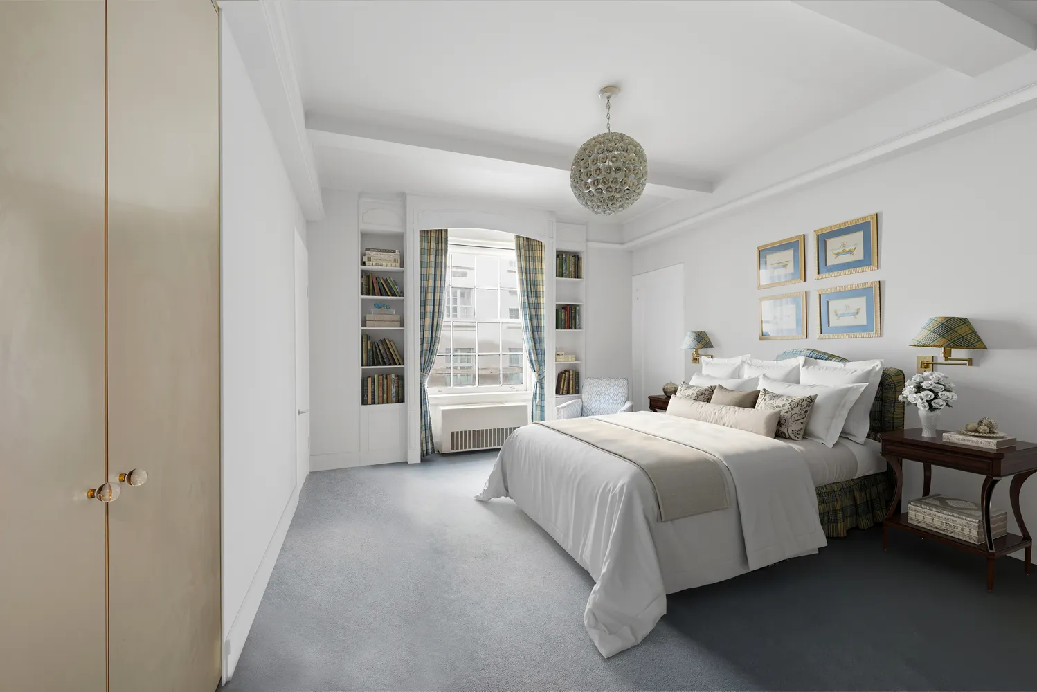 a bedroom with bed and a large window