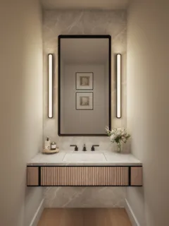 a bathroom with a bathtub and mirror