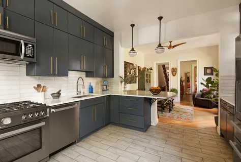 a kitchen with stainless steel appliances a stove sink and cabinets