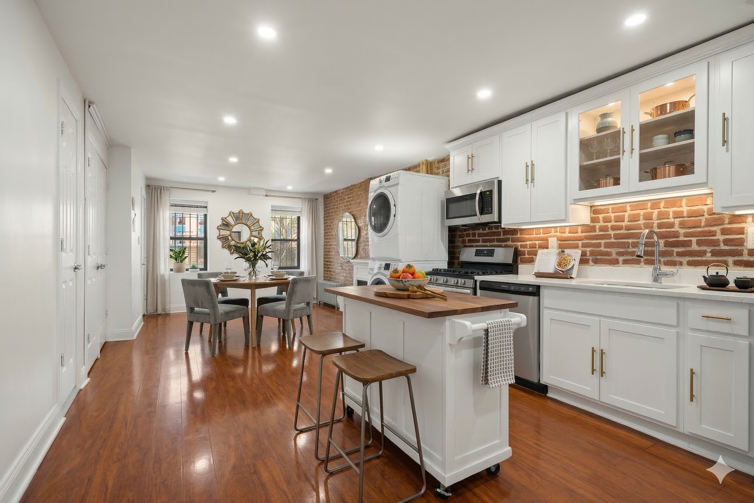 654 Lafayette Avenue, Unit GARDENA Brooklyn, NY 11216 - Photo 2 of 14 a kitchen with stainless steel appliances granite countertop a stove top oven a sink dishwasher a dining table and chairs with wooden floor