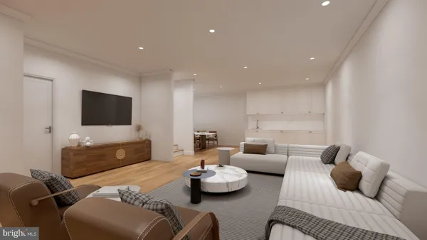 a living room with furniture and a potted plant