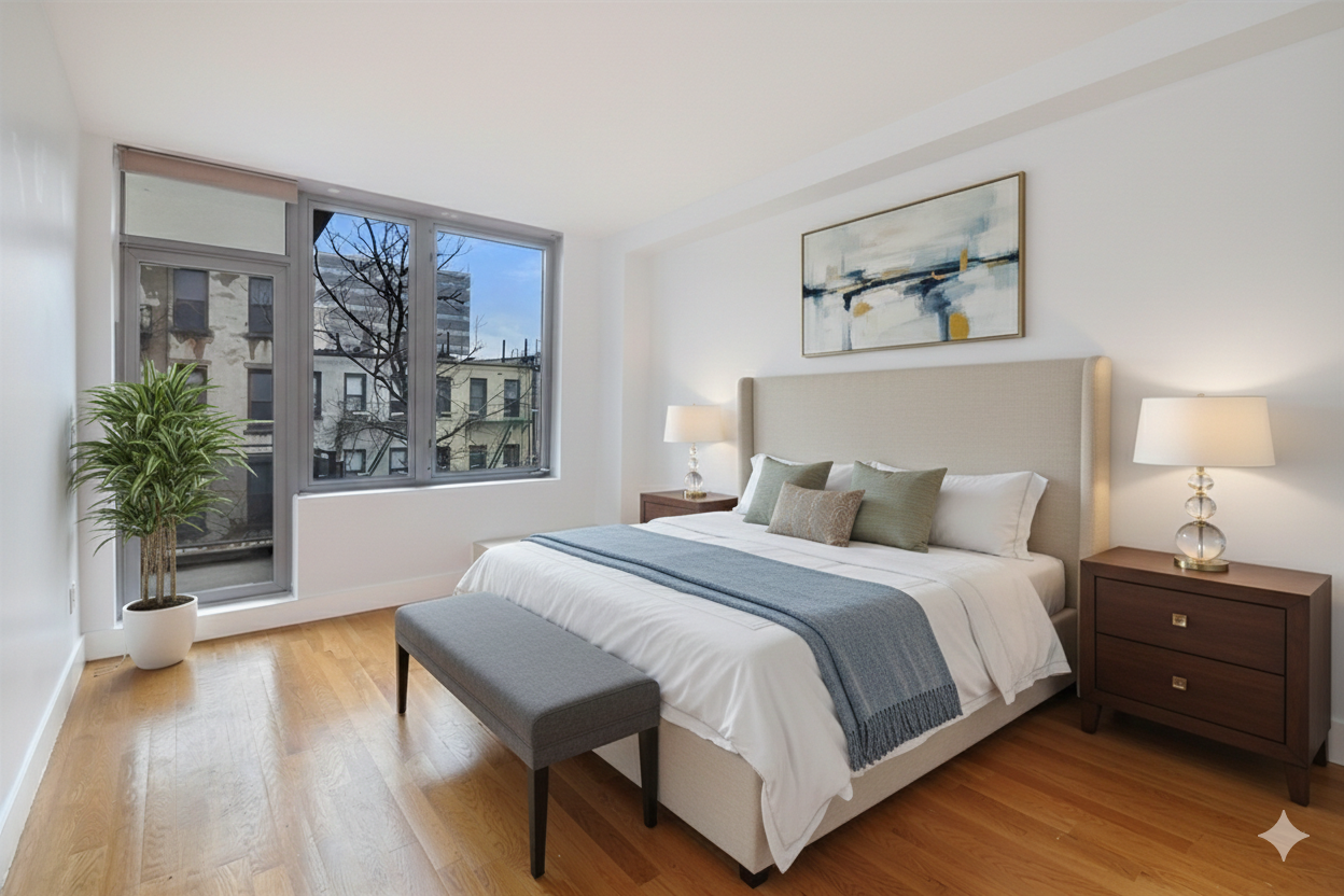 117 West 123rd Street, Unit 4B Manhattan, NY 10027 - Photo 3 of 16 a spacious bedroom with a bed a couch and potted plant