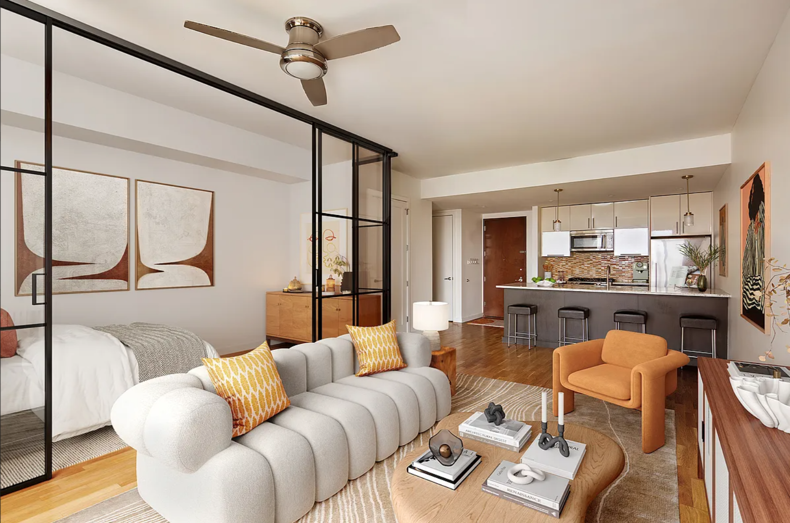 500 4th Avenue, Unit 6O Brooklyn, NY 11215 - Photo 3 of 13 a living room with furniture and a view of kitchen