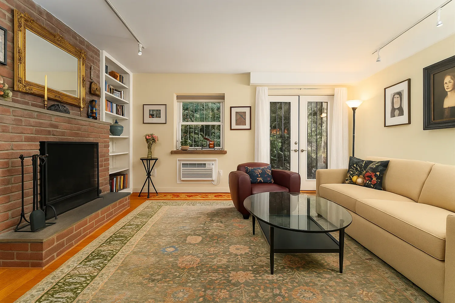 a living room with furniture and a fireplace