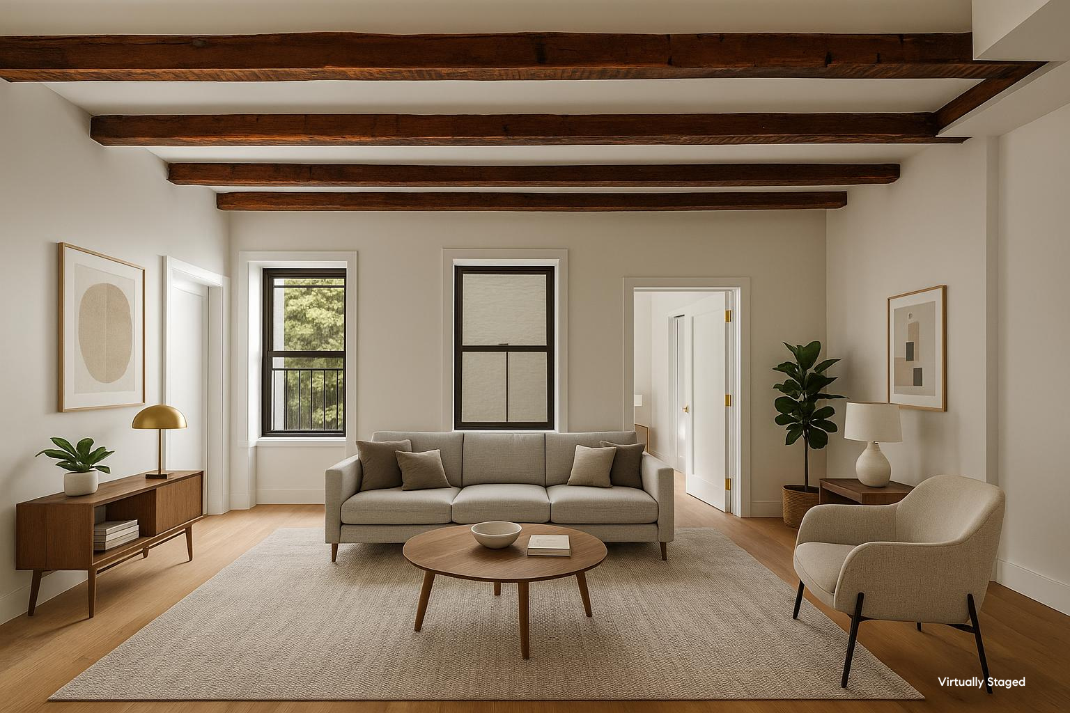 a living room with furniture and wooden floor