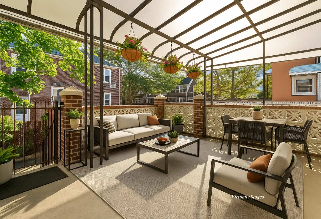 a building outdoor space with patio furniture