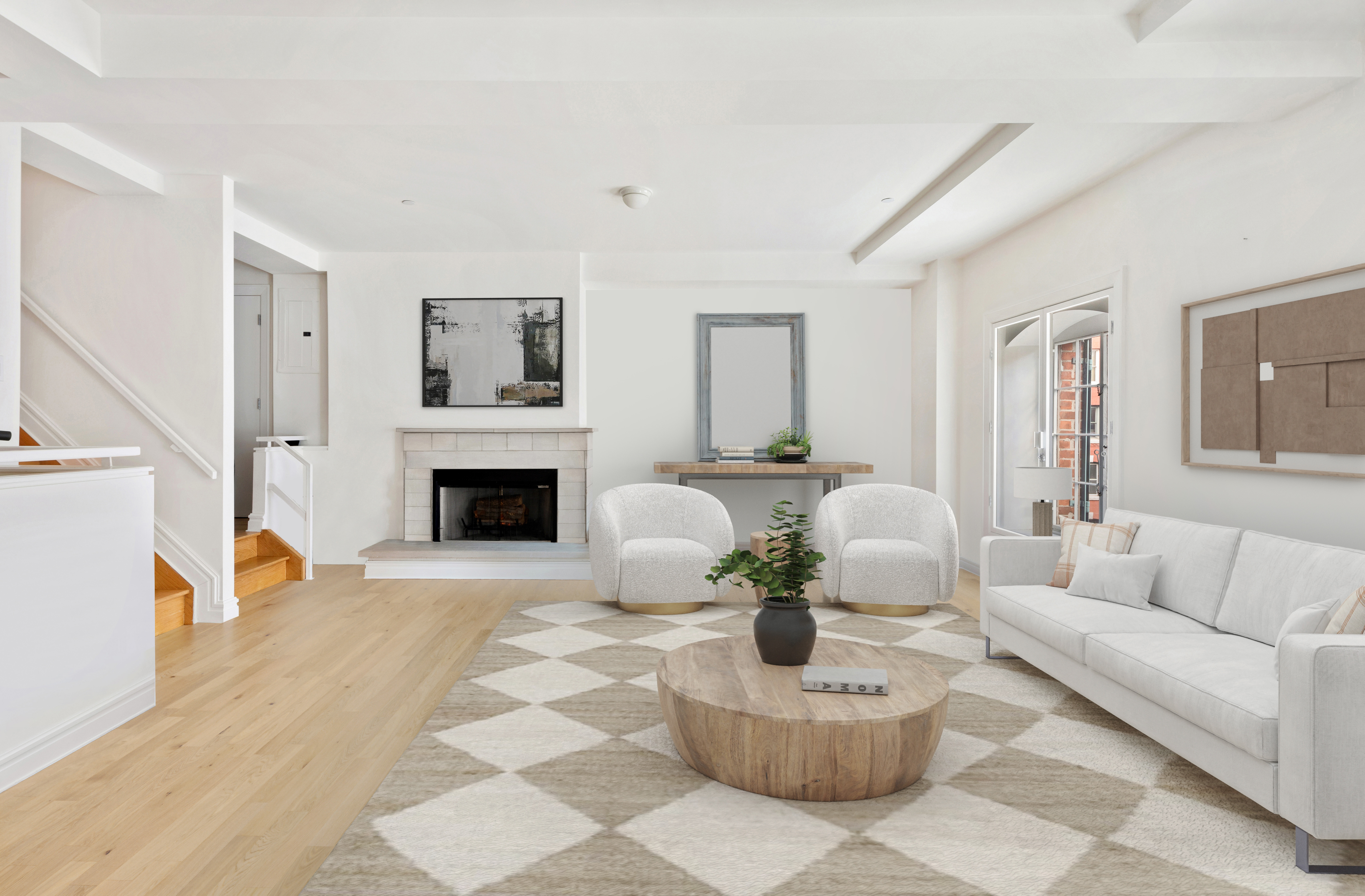 79 Laight Street, Unit 5H Manhattan, NY 10013 - Photo 2 of 13 a living room with furniture a fireplace and a table