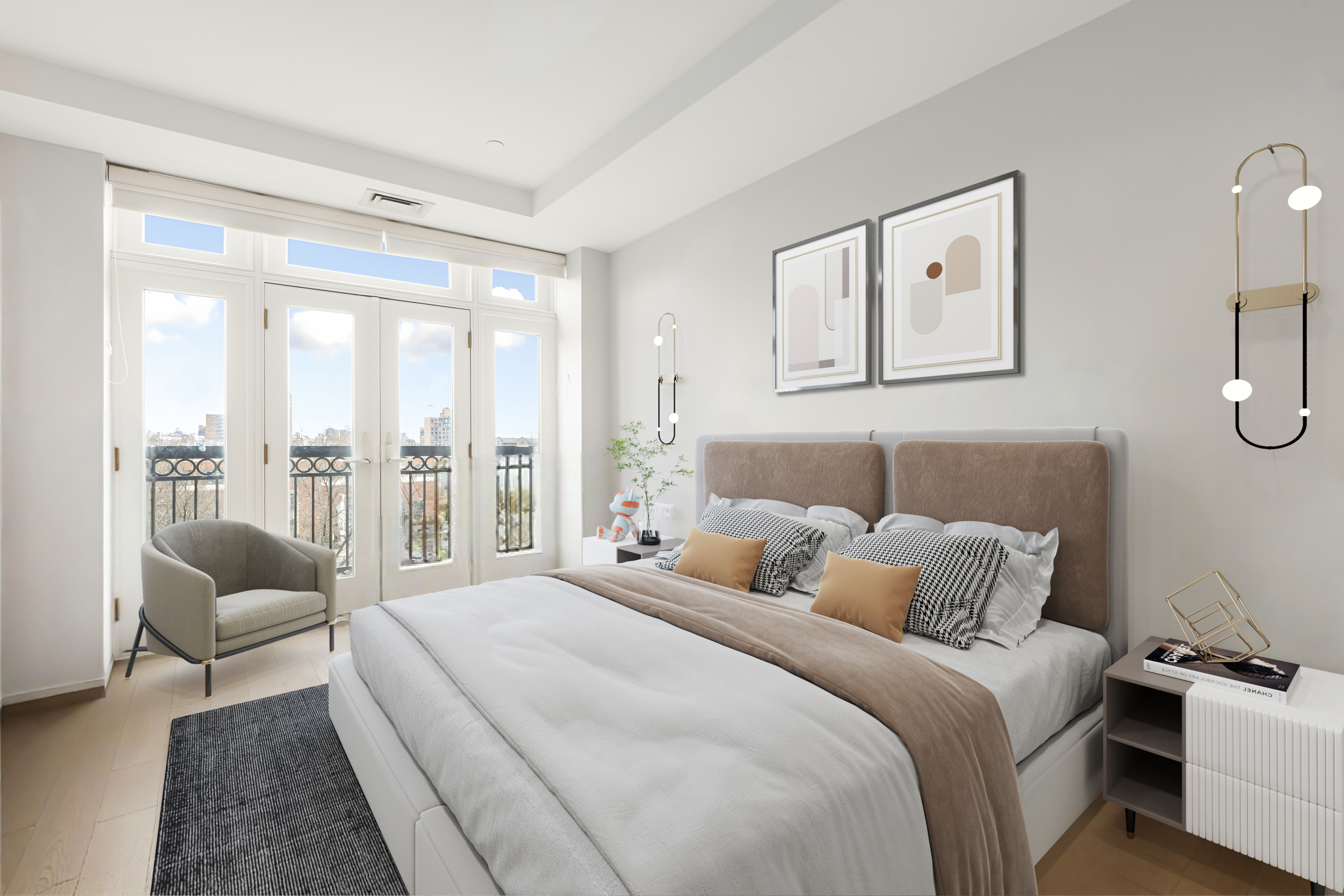 353 3rd Street, Unit B5B Brooklyn, NY 11215 - Photo 14 of 22 a bedroom with a bed a couch and three large window