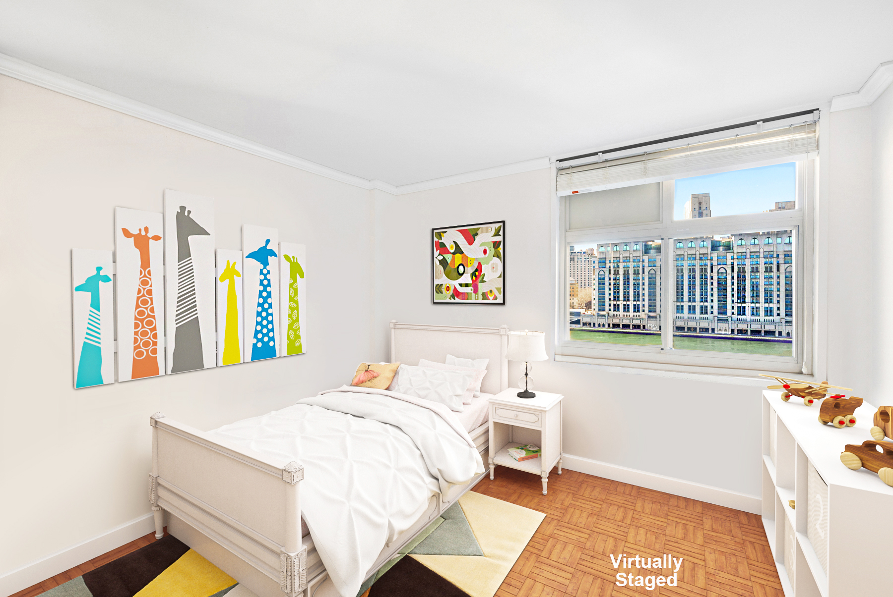 555 Main Street, Unit 1114 Manhattan, NY 10044 - Photo 3 of 9 a bedroom with a bed and a large window