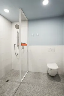 a bathroom with a granite countertop shower and a sink