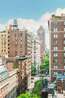 a city view with tall buildings