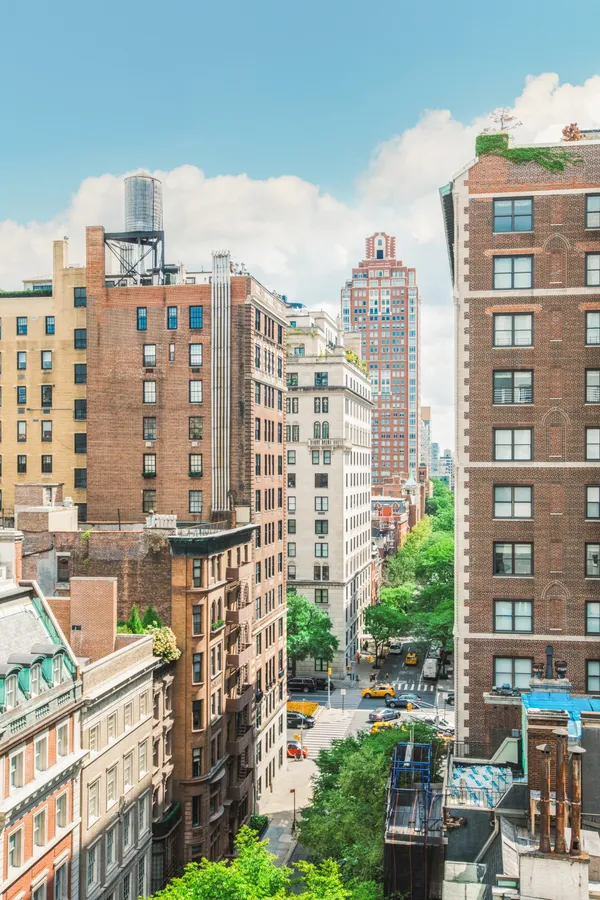 a city view with tall buildings