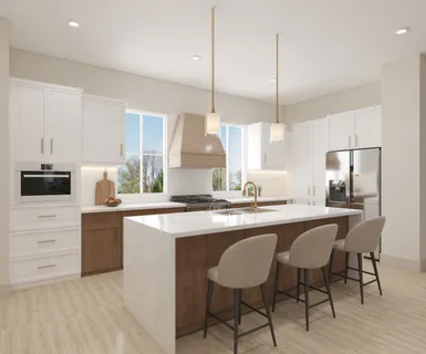 a kitchen with stainless steel appliances granite countertop a sink a stove a refrigerator and island with wooden floor