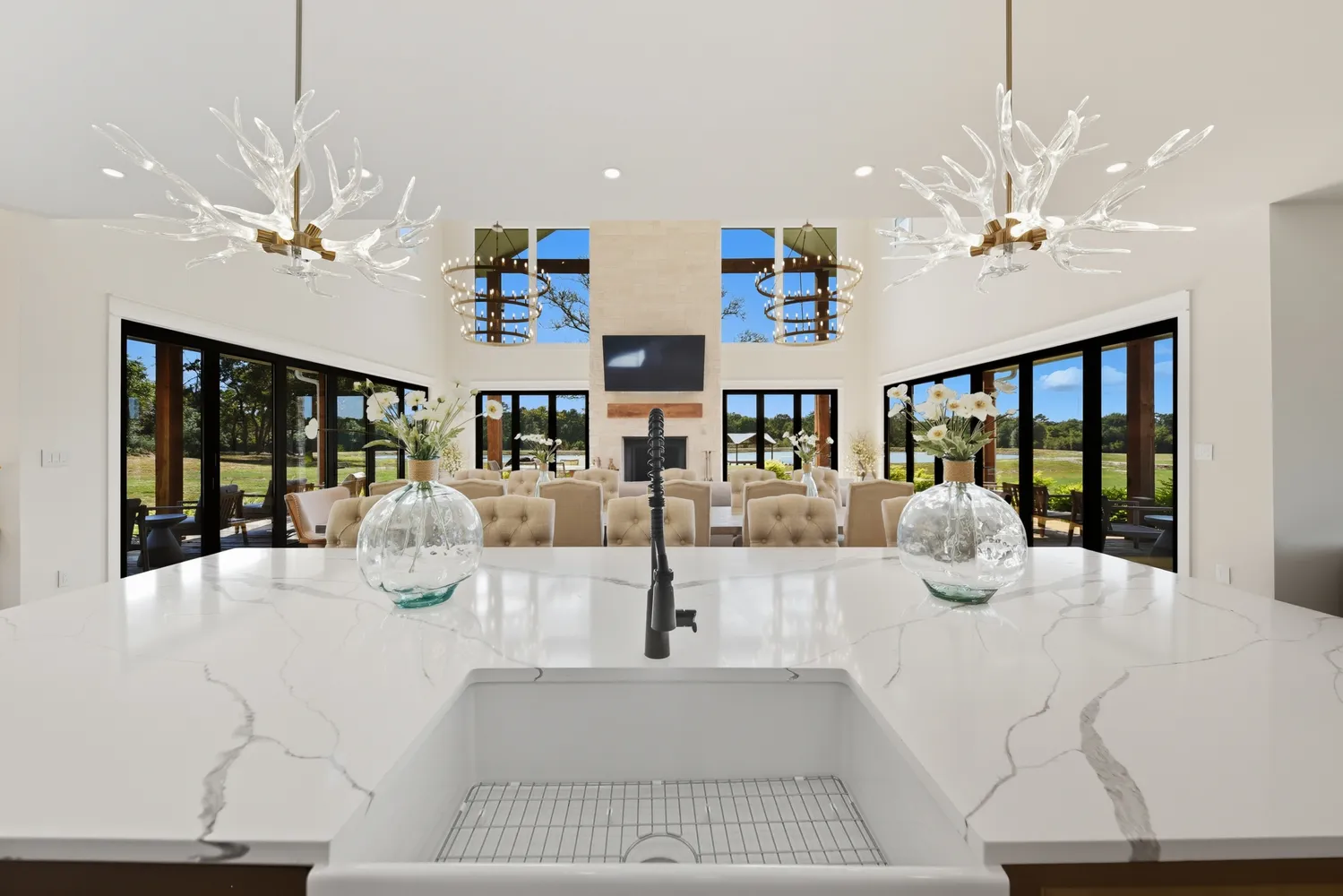 a view of living room with chandelier