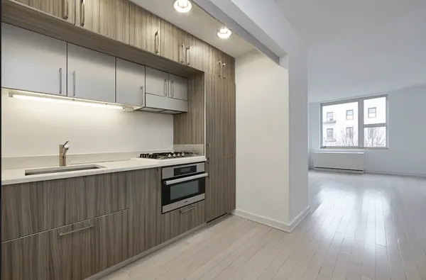 a kitchen with cabinets wooden floor and stainless steel appliances