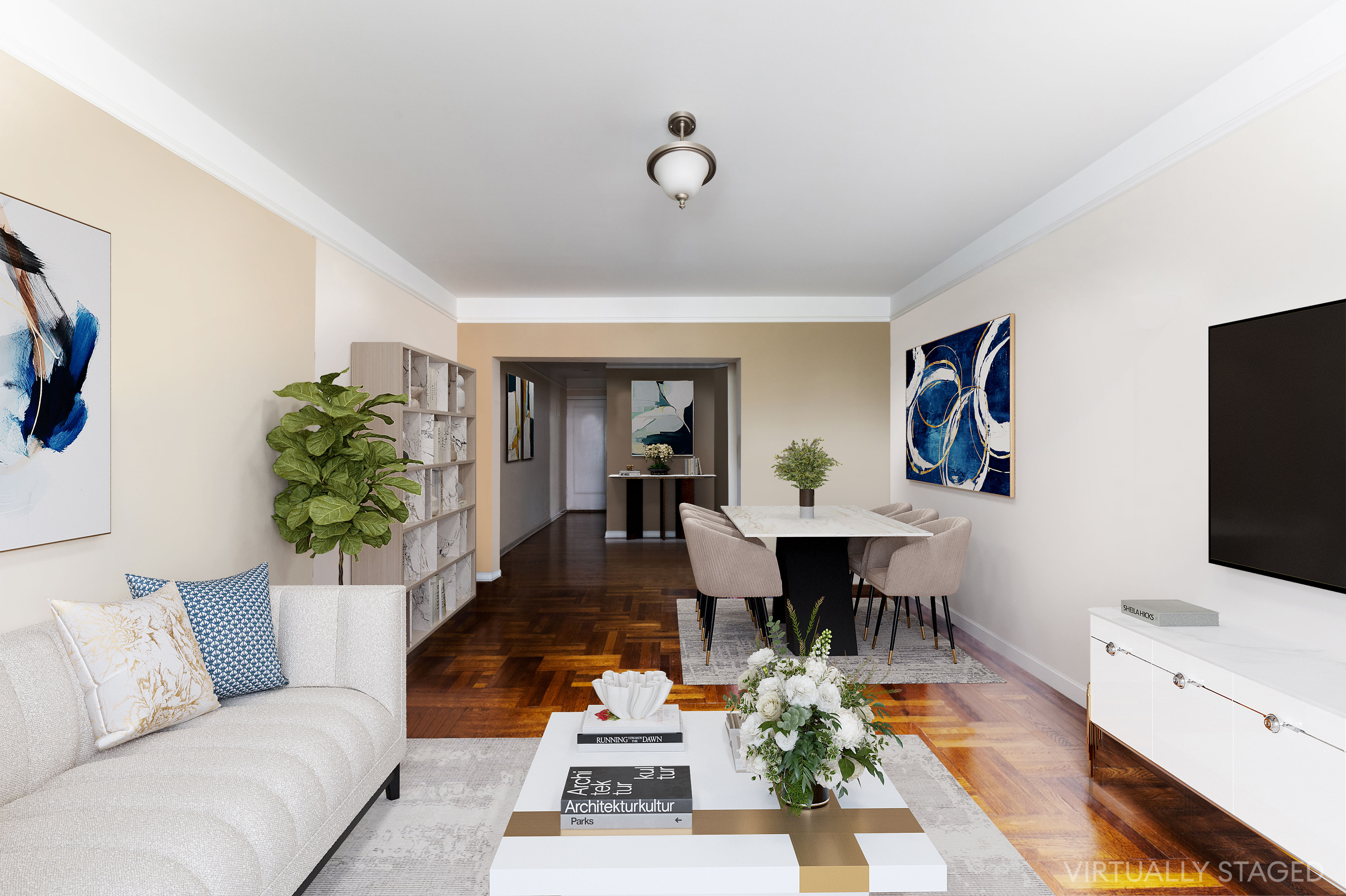 402 East 74th Street, Unit 4B Manhattan, NY 10021 - Photo 2 of 9 a living room with furniture and a flat screen tv