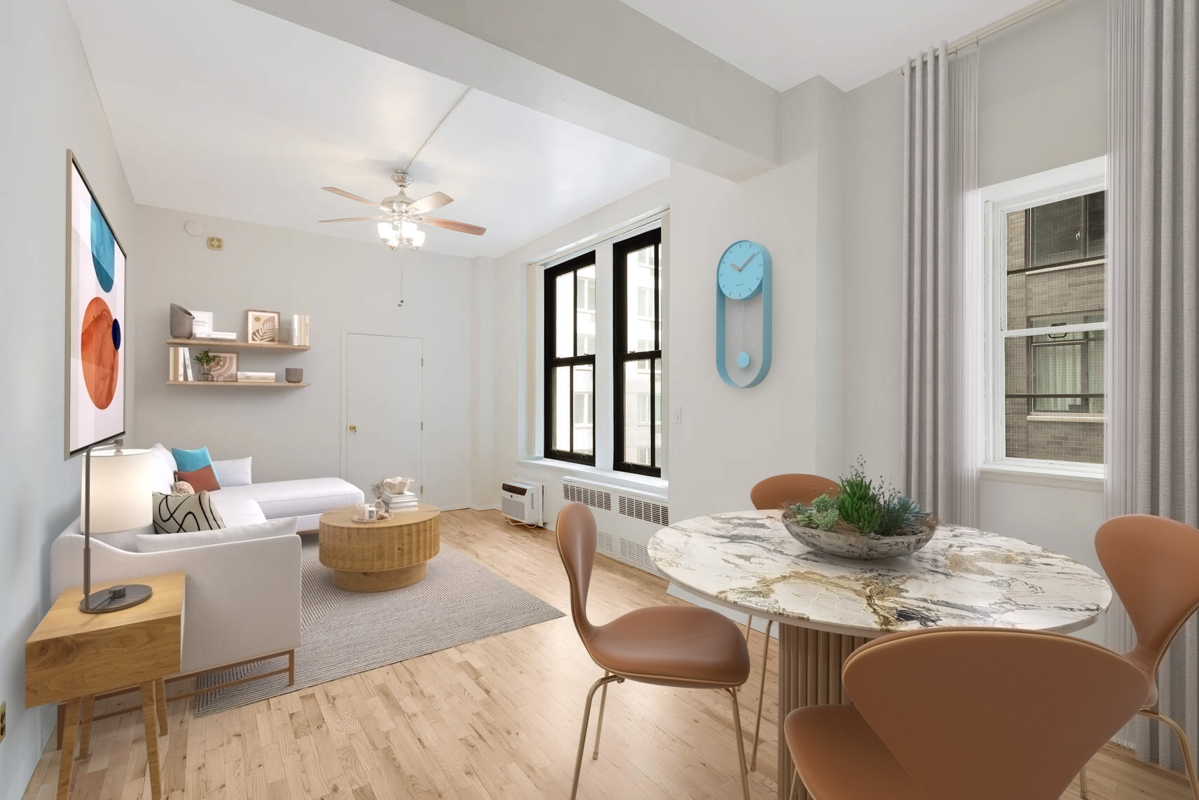 310 East 23rd Street, Unit 5A Manhattan, NY 10010 - Photo 1 of 14 a dining room with furniture a window and wooden floor