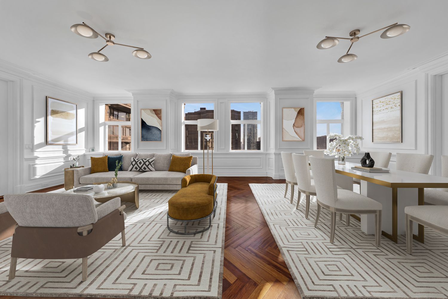 a living room with furniture a rug and a chandelier