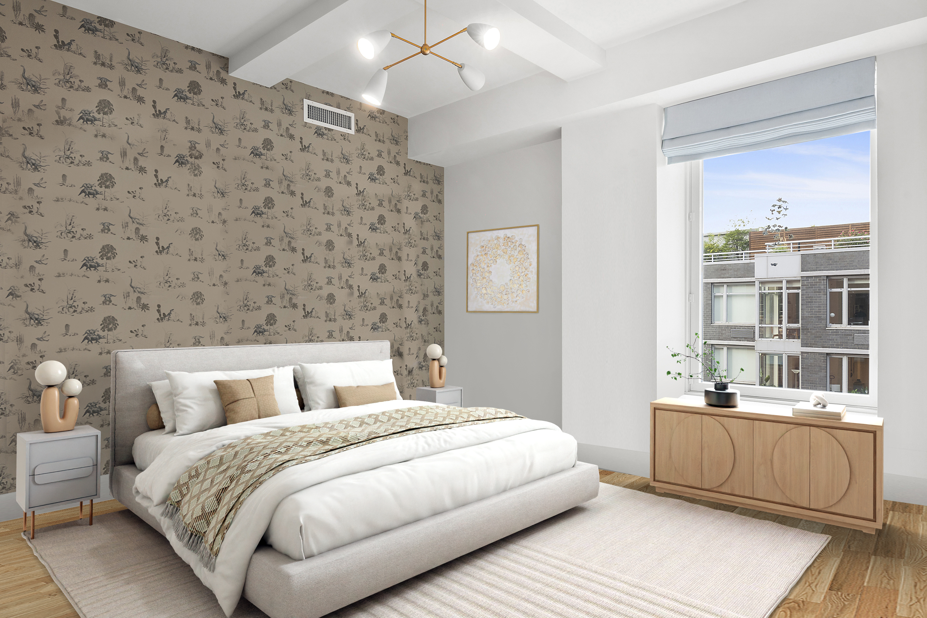 93 Worth Street, Unit 1006 Manhattan, NY 10013 - Photo 12 of 18 a bedroom with a large bed and a chandelier