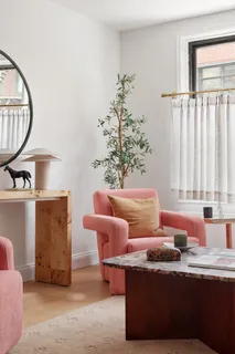 a living room with furniture a window and a potted plant