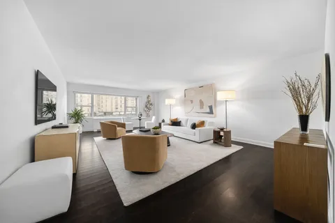 a living room with furniture and a potted plant