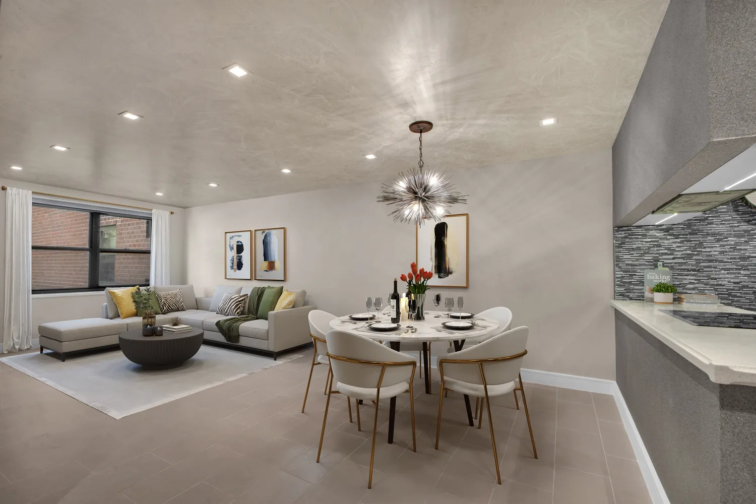 a view of a dining room with furniture