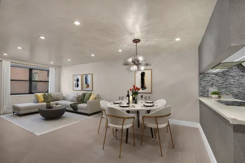 a view of a dining room with furniture