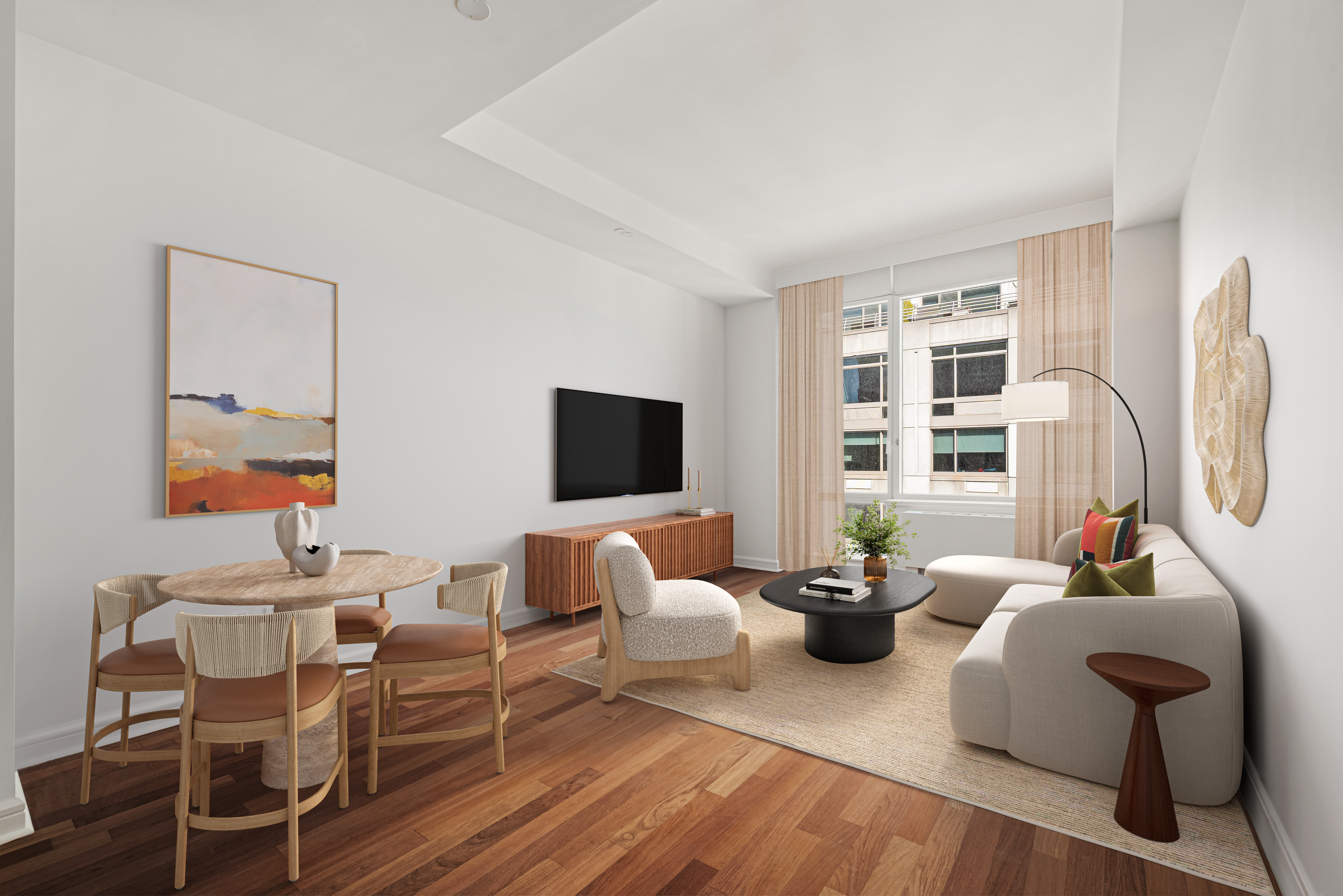 100 Riverside Boulevard, Unit 14D Manhattan, NY 10069 - Photo 1 of 13 a living room with furniture a flat screen tv and a large window