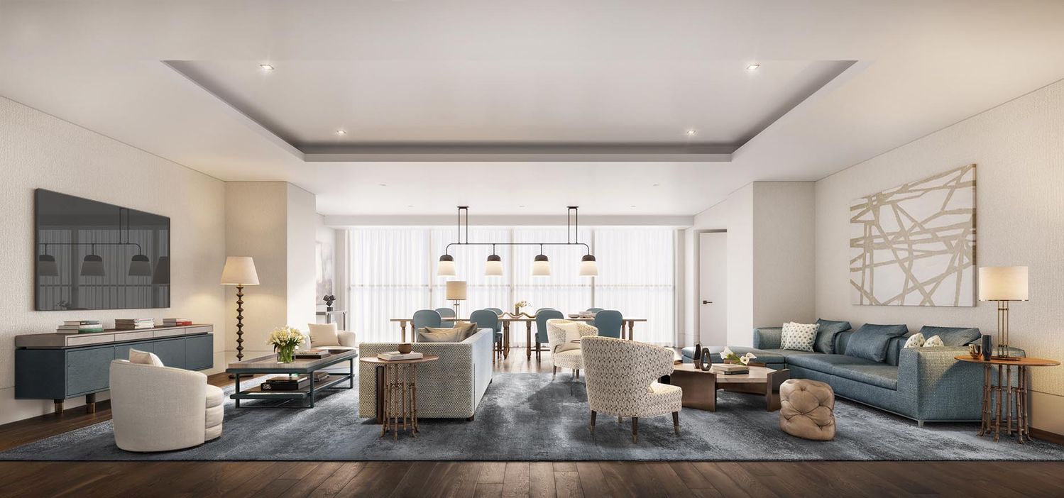 a living room with furniture kitchen view and a large window