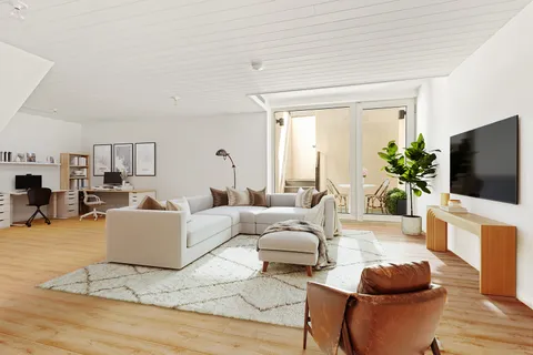 a living room with furniture a flat screen tv and a potted plant