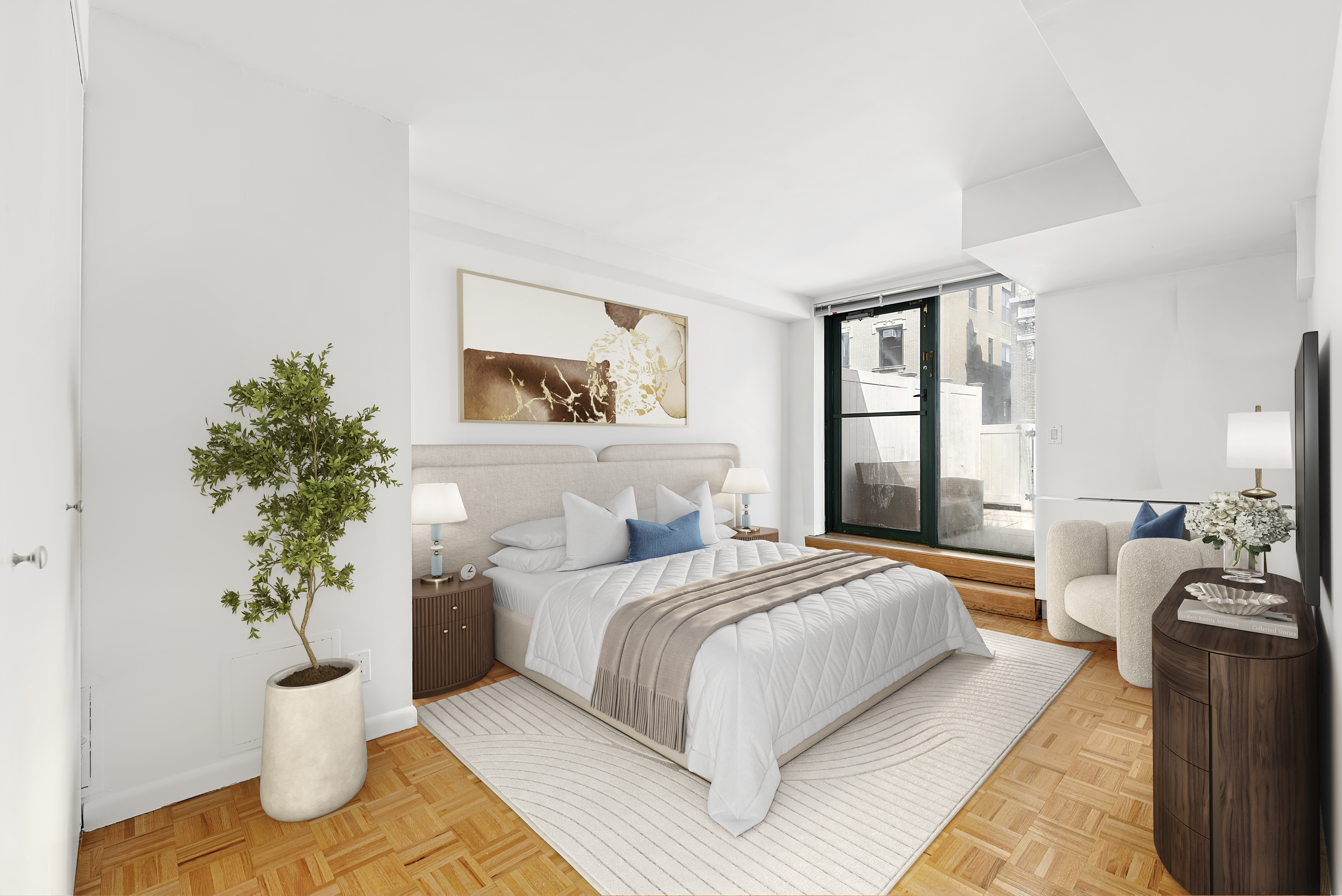 2250 Broadway, Unit 6K Manhattan, NY 10024 - Photo 3 of 15 a bedroom with a bed and a potted plant