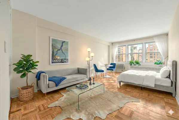 a living room with furniture and a potted plant