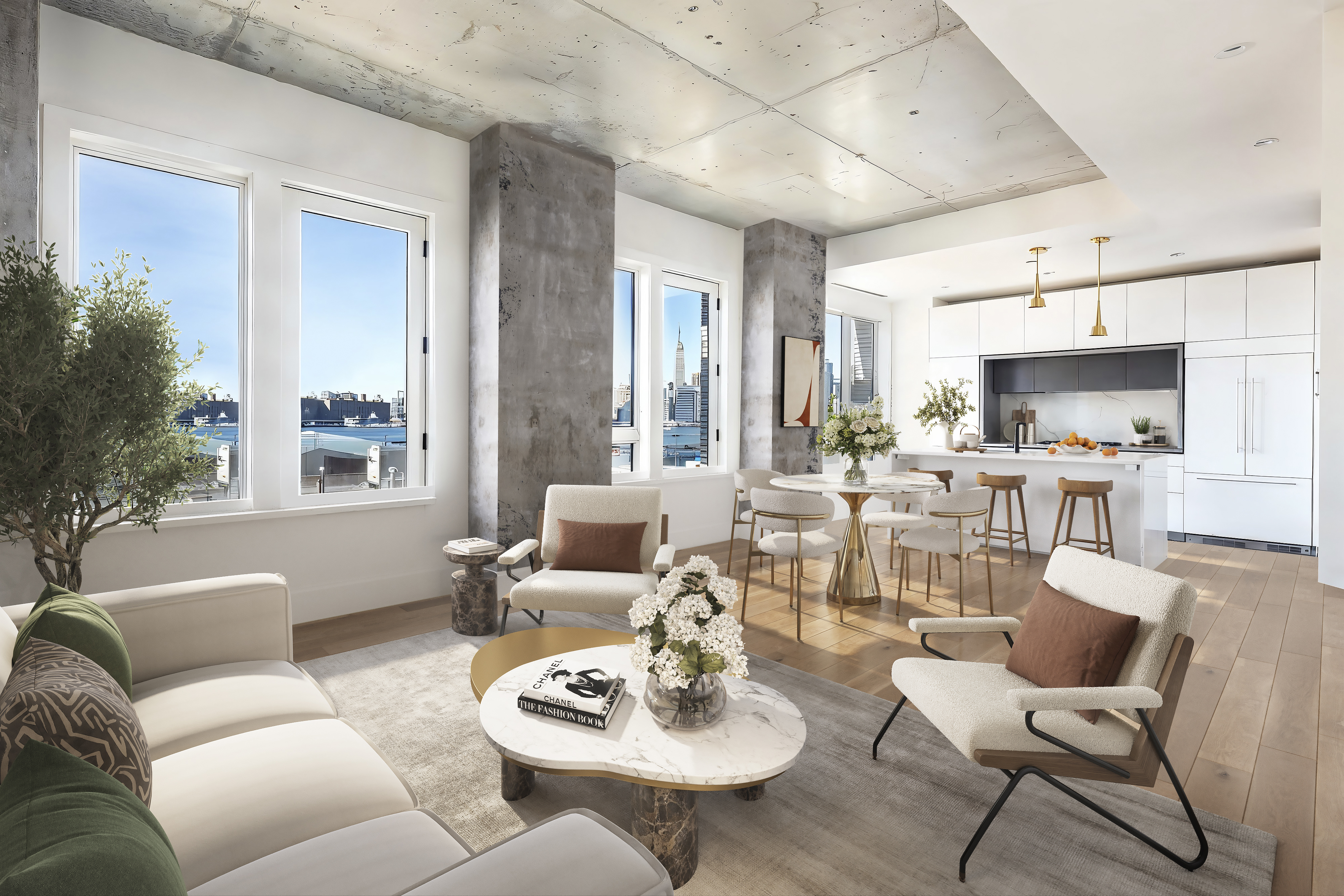 a living room with furniture kitchen view and a large window