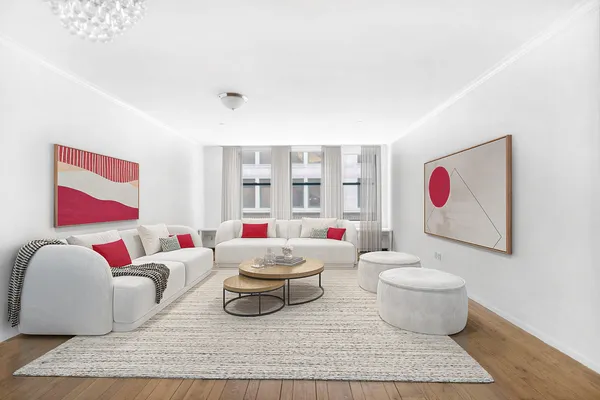 a living room with furniture and a rug