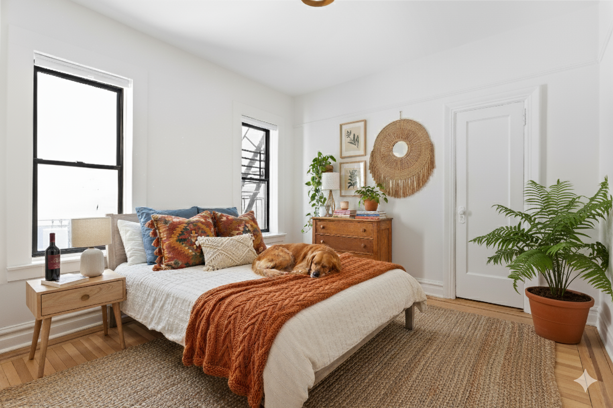 77 Eastern Parkway, Unit 5E Brooklyn, NY 11238 - Photo 3 of 7 a bedroom with bed and a potted plant