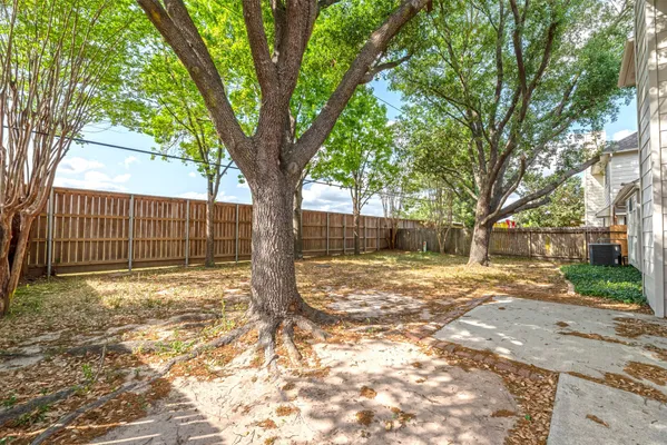 a view of a yard with a trees house in the background