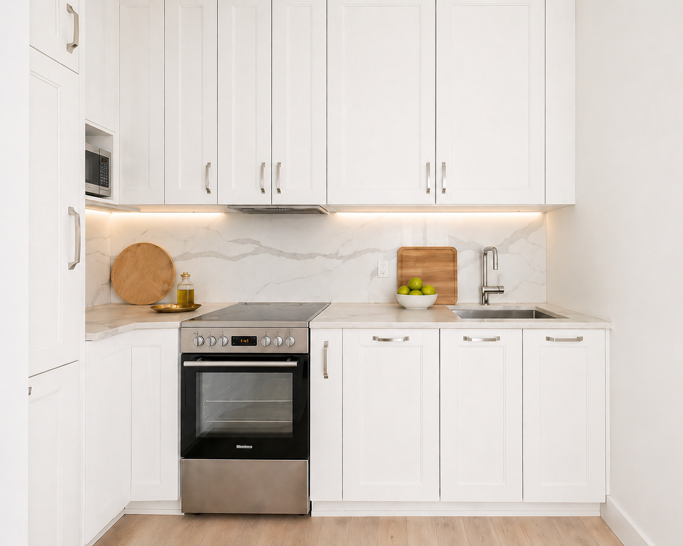 21-24 45th Road, Unit 1 Queens, NY 11101 - Photo 4 of 8 a kitchen with granite countertop a stove sink and cabinets