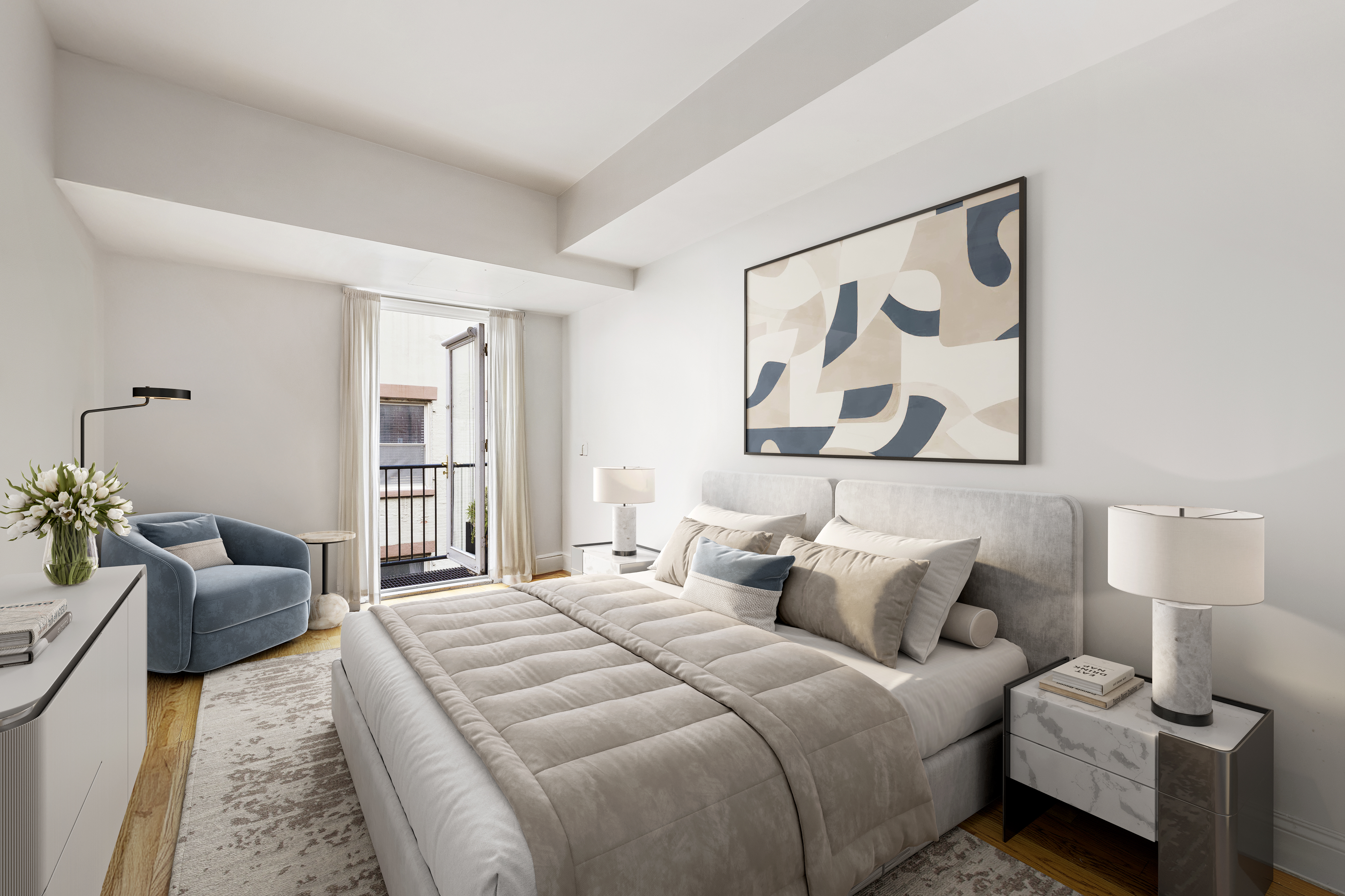 73 Worth Street, Unit 5E Manhattan, NY 10013 - Photo 4 of 10 a spacious bedroom with a bed and furniture