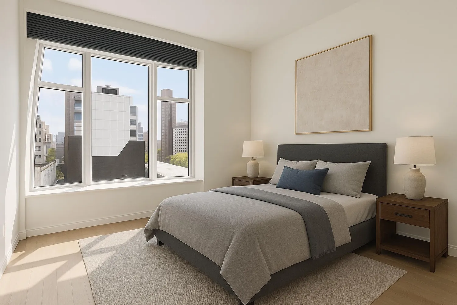 a bedroom with a large bed and a large window