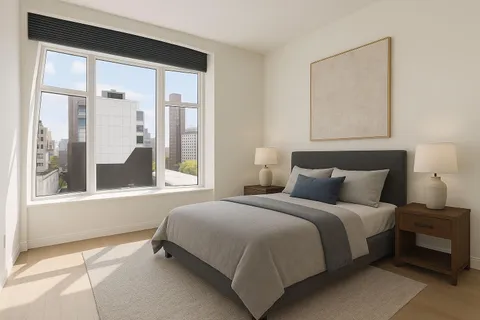 a bedroom with a large bed and a large window