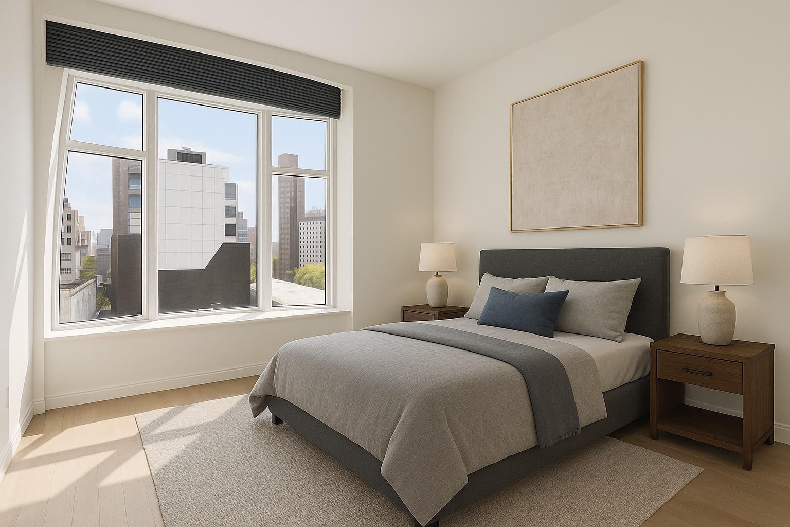 515 West 18th Street, Unit 816 Manhattan, NY 10011 - Photo 3 of 12 a bedroom with a large bed and a large window