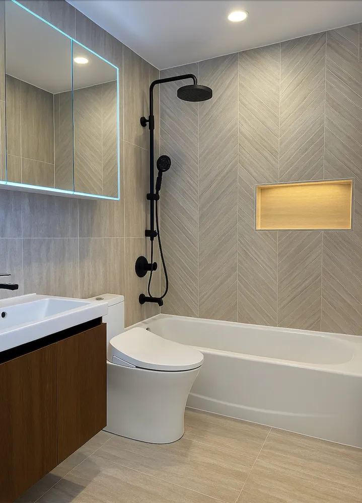 a bathroom with a toilet a sink and shower