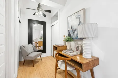 a living room with furniture and a potted plant