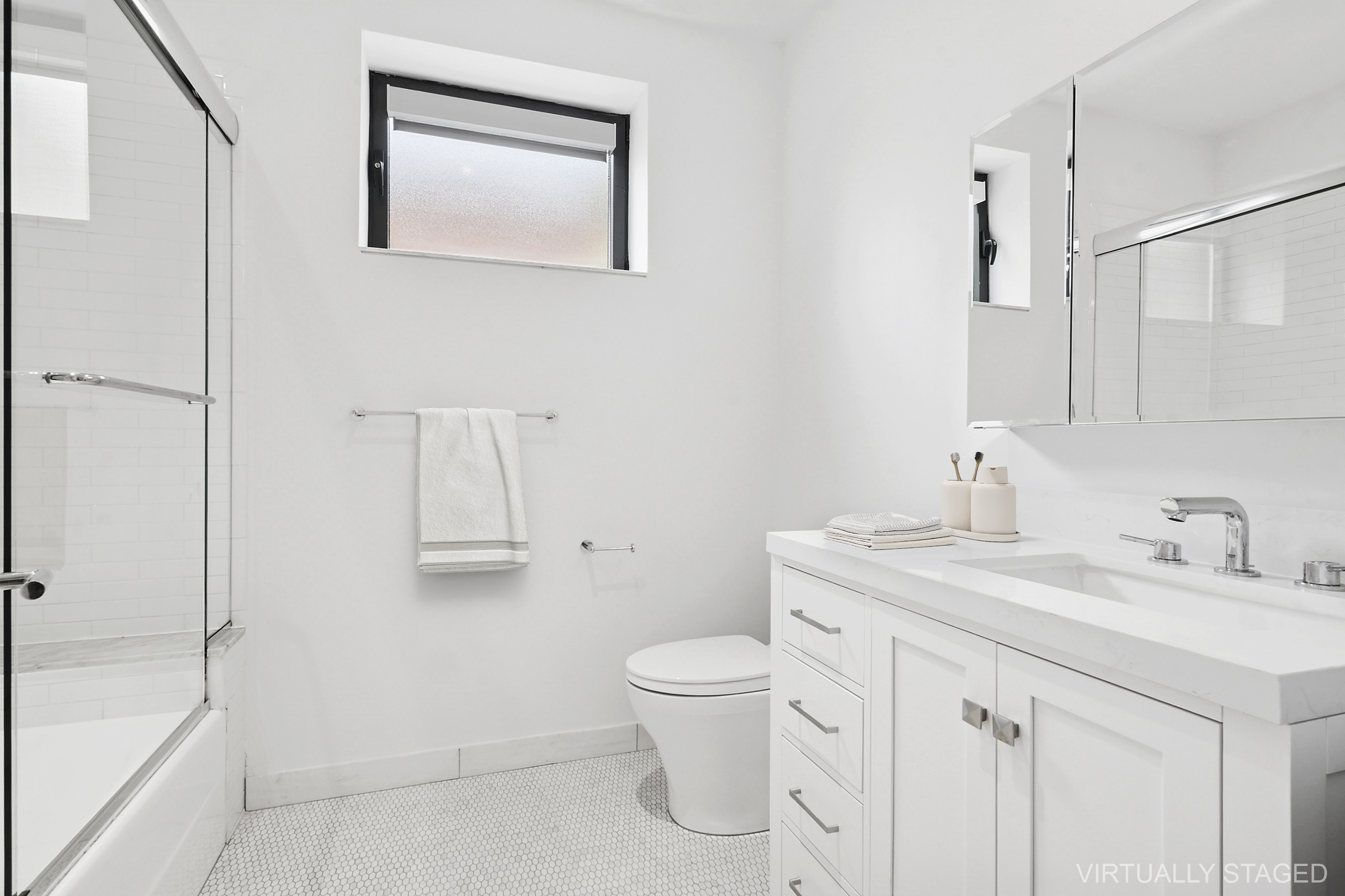 162 Beard Street, Unit 2 Brooklyn, NY 11231 - Photo 7 of 11 a bathroom with a granite countertop sink a toilet and shower
