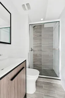 a bathroom with a shower and a toilet