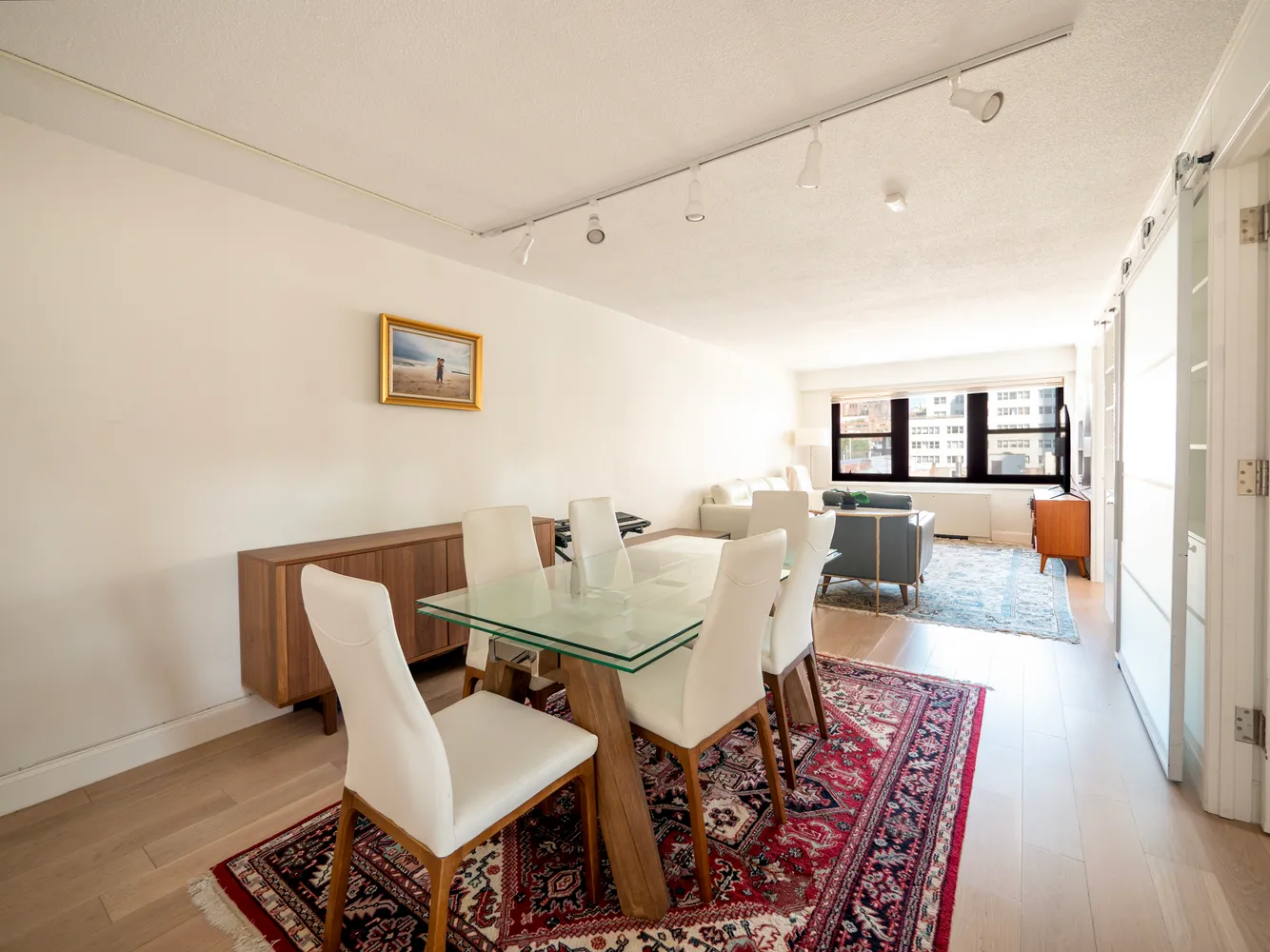 a view of a dining room with furniture