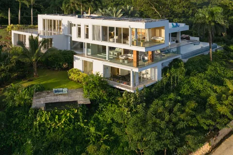 a view of a city with lush green forest