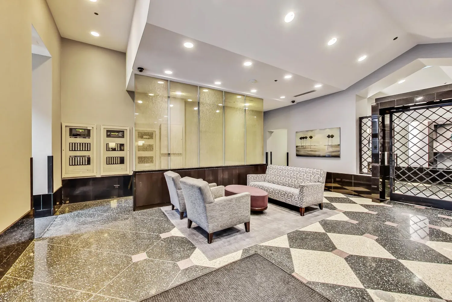 a living room with furniture and a large window