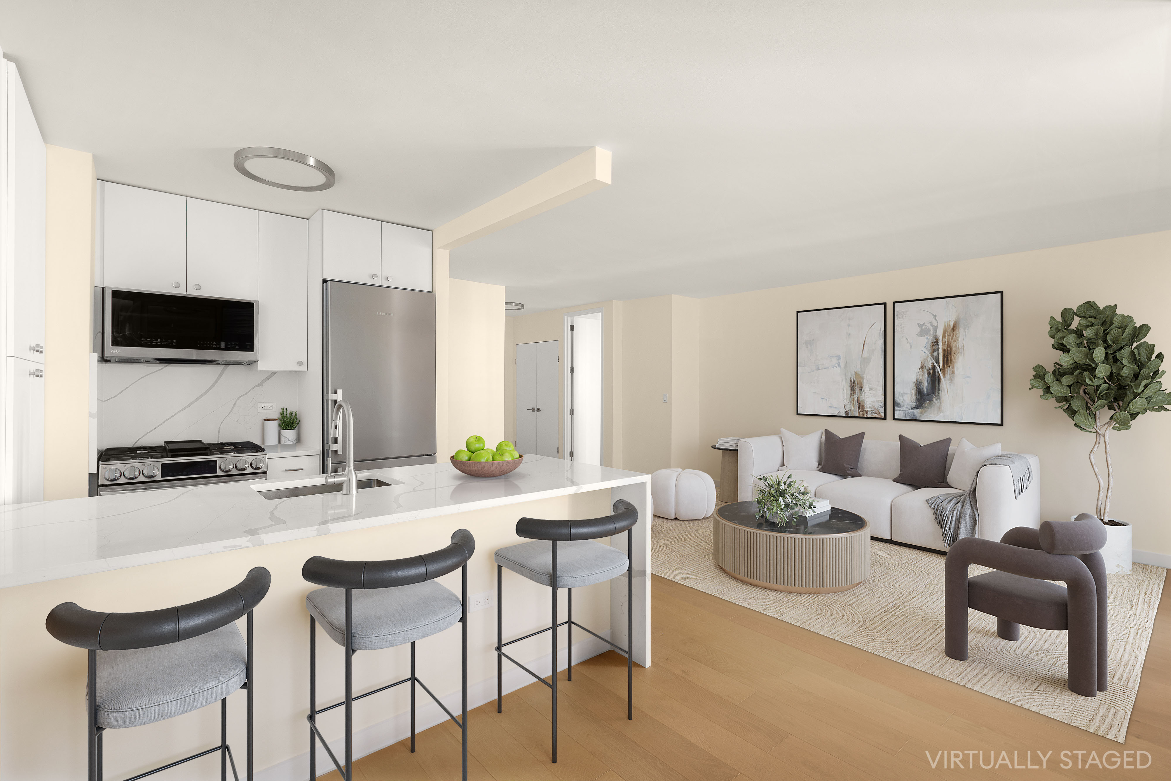 161 West 61st Street, Unit 5C Manhattan, NY 10023 - Photo 8 of 30 a kitchen with granite countertop white cabinets and stainless steel appliances